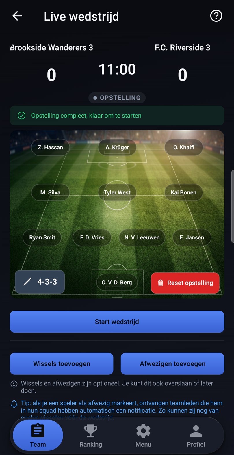 De opstelling op het veld