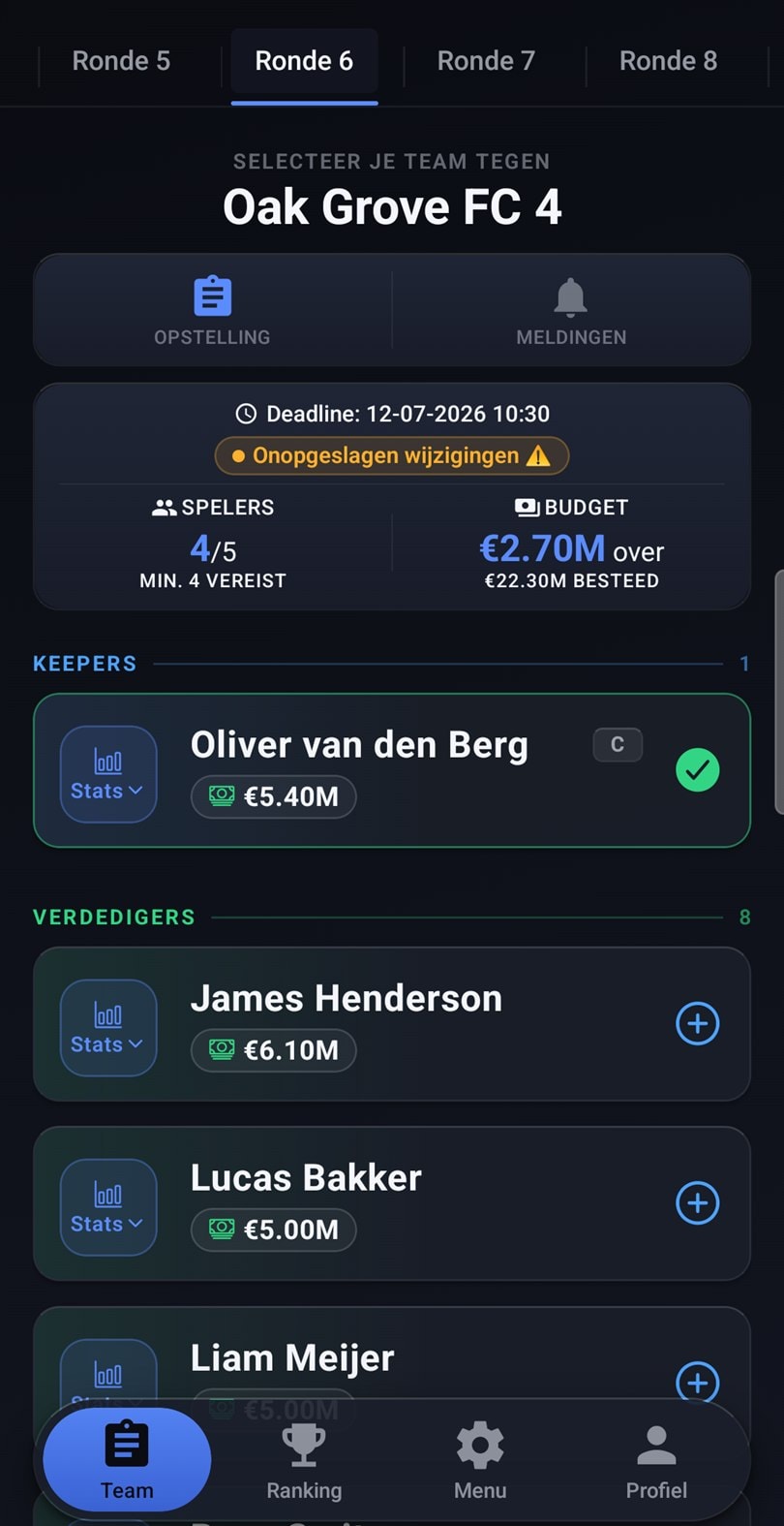 Kies 5 spelers uit je team